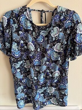 LOFT Black Top with Blue Floral Paisley Print